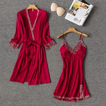 

Sexy 2PCS Pajamas Set Womens V-Neck Cami Nighties Wear Pijama Home Nightwear Lingerie Nighty Spring Robe Gown Suit Nighties