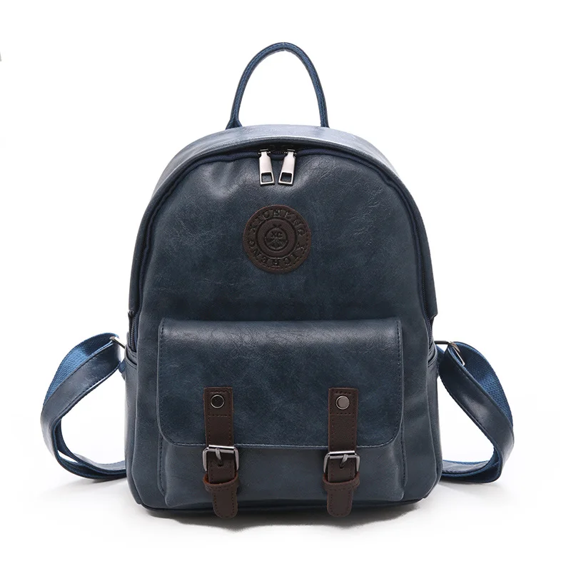 Ретро Женский студенческий рюкзак, мягкие кожаные рюкзаки на молнии, черная сумка для женщин, Одноцветный рюкзак XA587H - Цвет: Blue