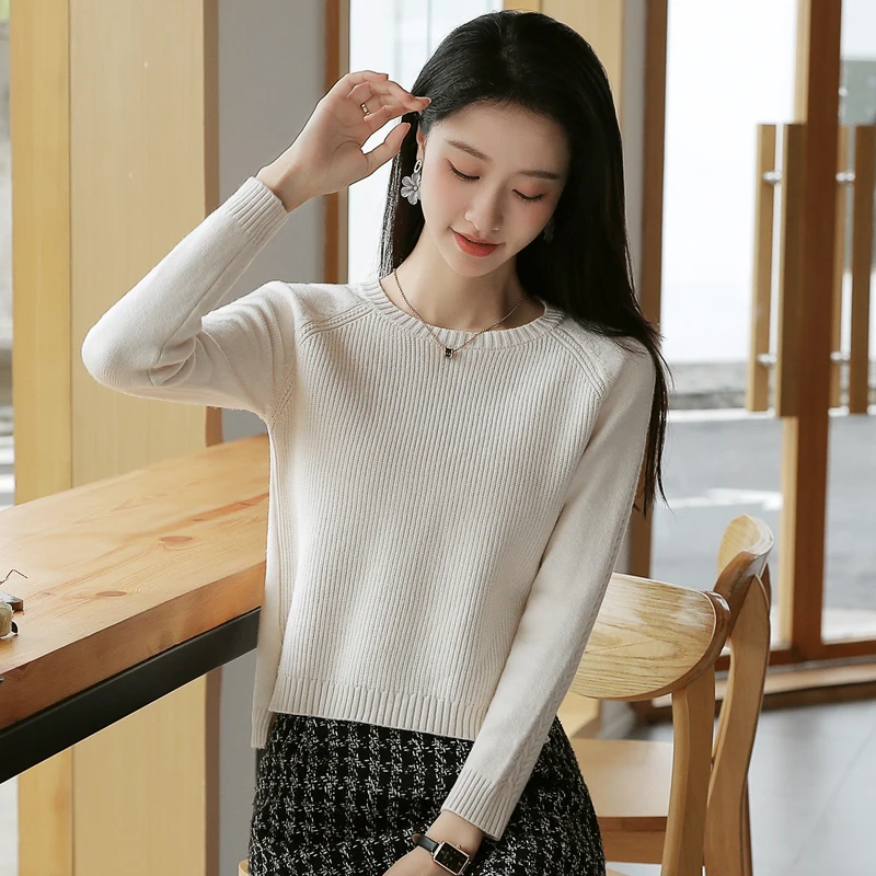 

Women's Stylish Knitting Pullover Sweaters Solid O-Neck Long Raglan Sleeves Split Asymmetric Hem Women Pullover Autumn 2021