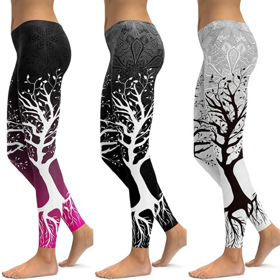 

Black Tree Print Women Fitness Leggings Workout High Waist Sports Running Leggings Sexy Push Up Gym Wear Elastic Slim Pants