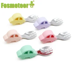 Fosmeteor New Baby Feeding Spoon Fork Stainless Steel Baby Training Spoon Car Silicone Handle Toddler Dinnerware Feeding Tools