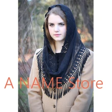 Круглая черная белая кружевная Мантилья, вуаль для церковно-католического платка, Цветочная традиционная Женская Вуаль с кисточками и аппликацией, кружевная кромка