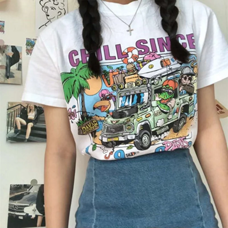 Chill Since 1993 Paris Graphic Tee Vintage Retro Style Tumblr Ulzzang Kawaii Cute Cotton Women T-Shirt Harajuku Hipster Tops | Женская