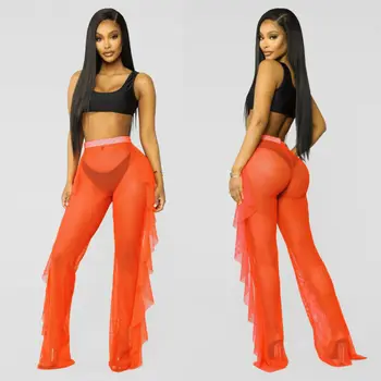 

Women Pants Beach Mesh Sheer Bikini Cover Up Ruffles Swimwear High Waist Wide Leg Pants See Through Long Trousers Plus Size