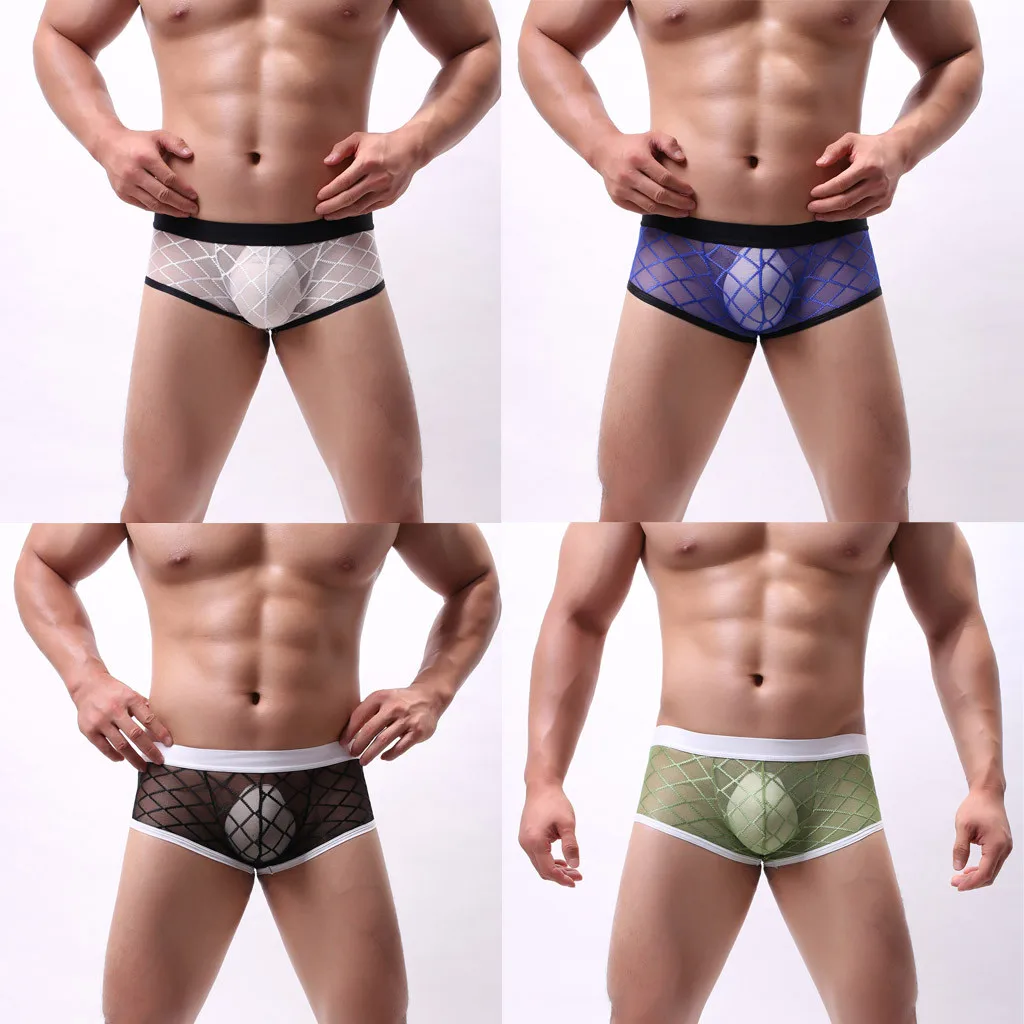 Men lingerie New High-Profile Low-Waist Sexy Underwear Rhombus Solid color Mesh Perspective boxer underpants секс sexoshop