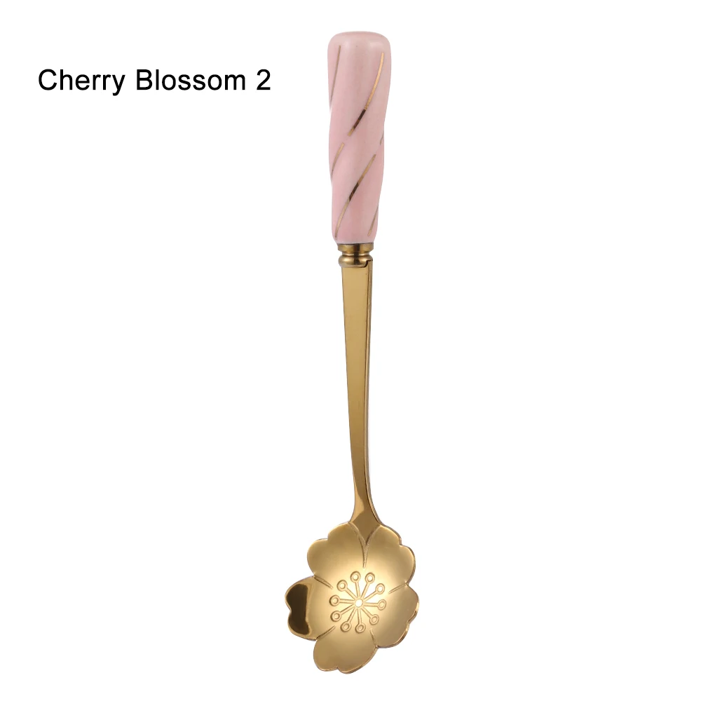 1 шт. креативная вишневая Цветущая Роза керамическая ручка ложка золотые шелковые сладкие ложки позолоченная ложка для размешивания кофе посуда - Цвет: Cherry Blossom 2