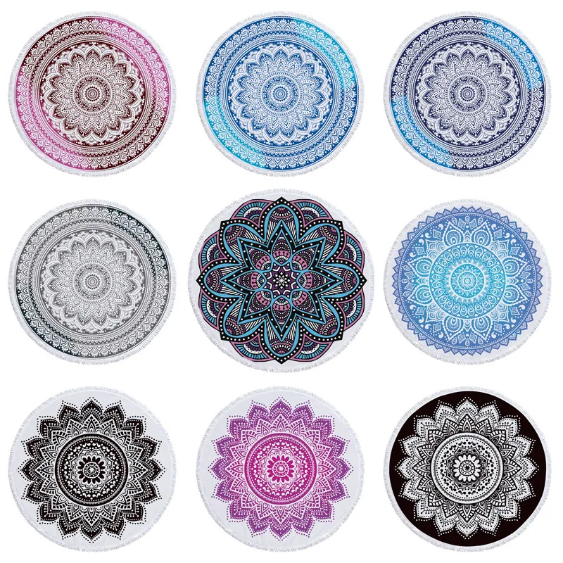 

Dream Geometry Beach Towel Blue Chakra Lotus Mandala Round Carpet Home Bathroom Microfiber Water Absorption Picnic Mat 150Cm
