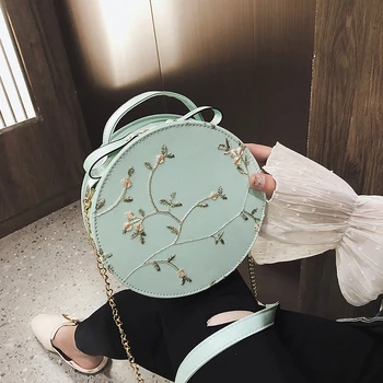 

Embroidery Flowers Design Women Round Clutch Evening Bags Gold Chain Shoulder Bags Girls Handbags Purses For Ladies Party Bags
