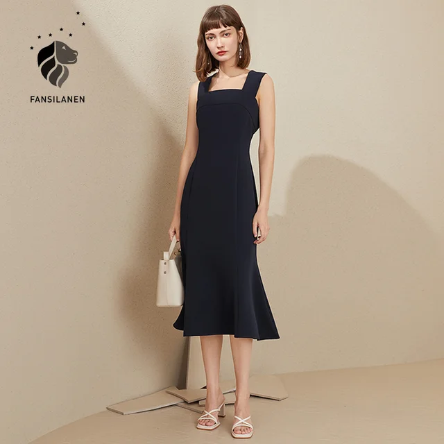 FANSILANEN Office Lady Elegant Slim Long Black Dress Women Sleeveless White Skirts 2021 Summer New Pleated Sexy Dress 1