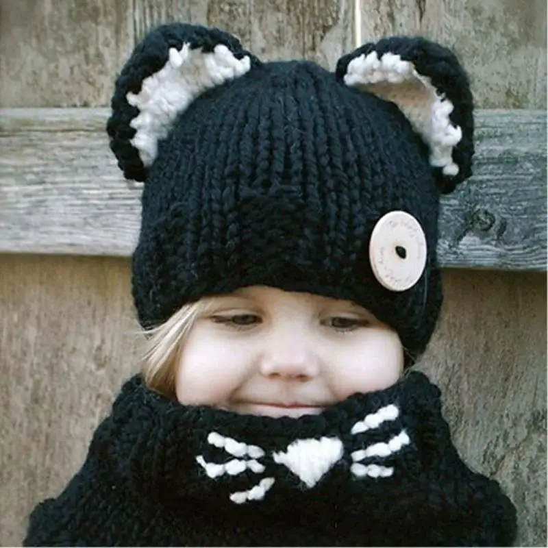 Новый дизайн зимние ветрозащитные детские шапки и шарф с кошачьими лисьими