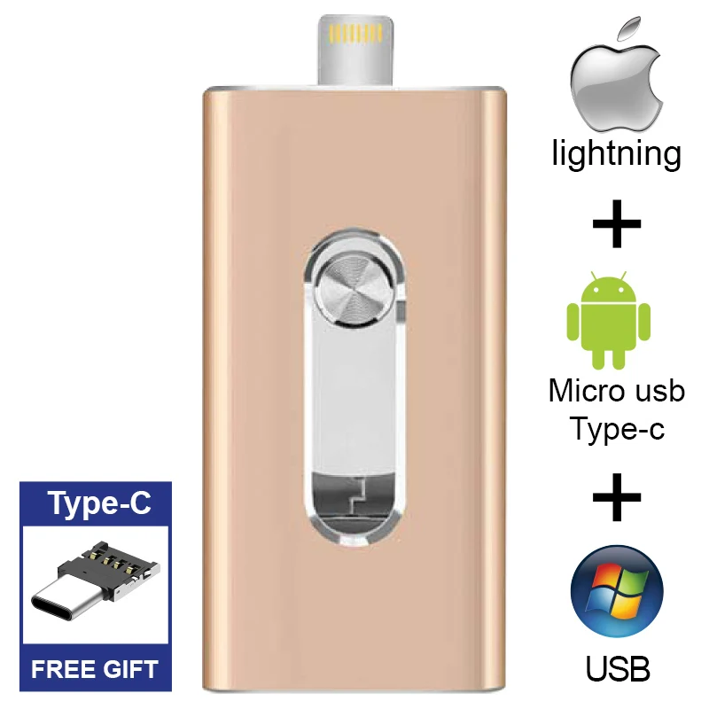 Бесплатный адаптер type-C, флешка для iPhone/iPad, USB флеш-накопитель Lightning, USB 3,0, Фотокарта, 256 ГБ, 128 ГБ, 64 ГБ, 32 ГБ, 16 ГБ, 512 ГБ - Цвет: Gold-Type-C