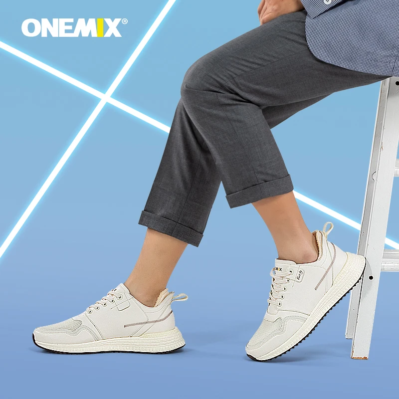 ONEMIX белые кроссовки для мужчин; сезон осень; удобная кожаная обувь для бега на шнуровке; RB подошва; Мужская Спортивная прогулочная обувь