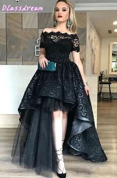 

Black Evening Dresses 2020 Off Shoulder Short Sleeves Short Front Long Back Lace Boat Neck Elegant свадебное платье Prom Dress