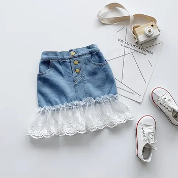 

1-6Y Fashion Korean Style Girls Spring Summer Skirts Kids Children Lace Ruffles Stitching Denim Skirts for Toddler Girls Party