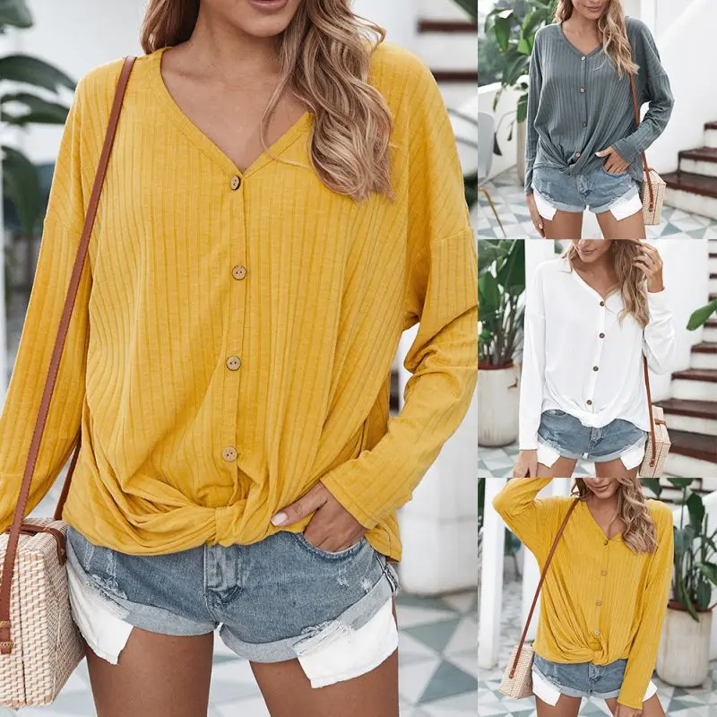 Summer Casual Women's V-Neck Long Sleeve V-Neck Button Solid Color T-Shirt new