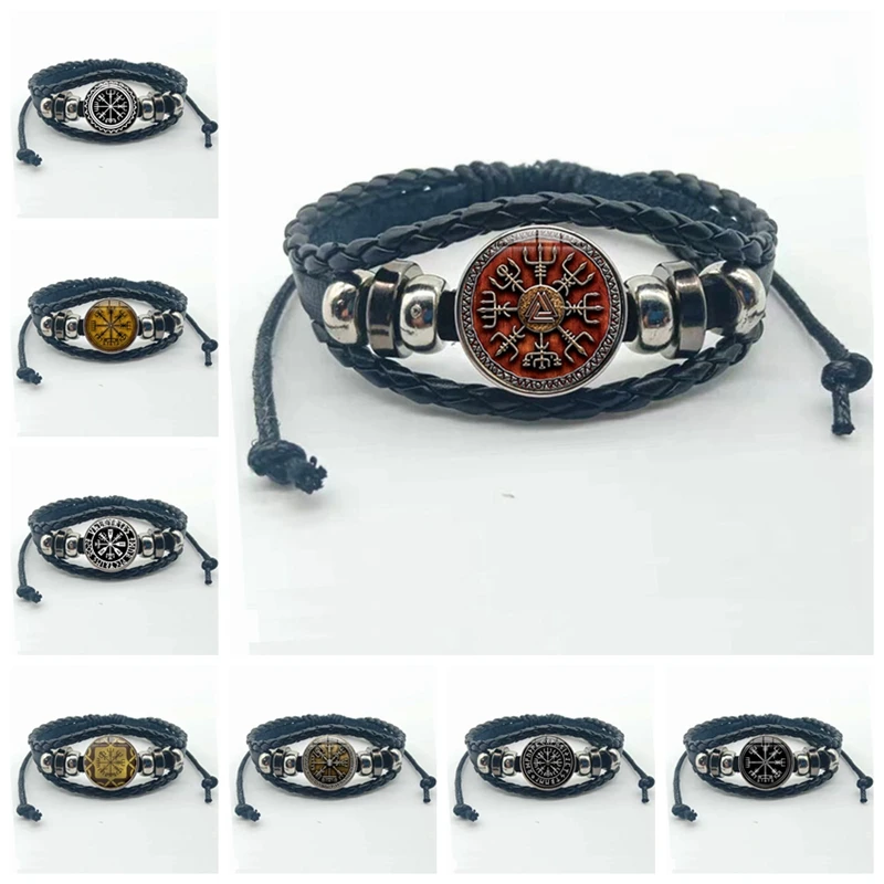 Винтаж Викинг Компас кожаный браслет для мужчин женщин нордические руны символ Одина напечатаны стекло время подвеска с драгоценным камнем браслеты