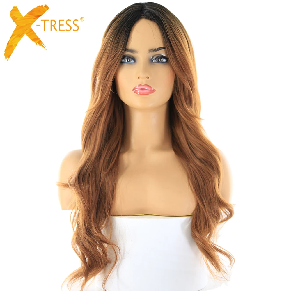 Ombre коричневый цвет синтетические волосы парики с челкой для черных женщин термостойкие волокна X-TRESS длинные волнистые кружева часть парик боковая часть