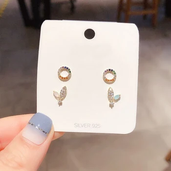 

Delicate 2 Pairs Colorful Cubic Zircon Leaf Circle Stud Earrings Set for Women Gold Color CZ Crystal Jewelry