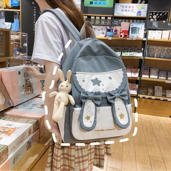 

Japanese vintage style rabbit ears schoolbag female cute fresh student shoulder bag women kawaii bow lolita backpack