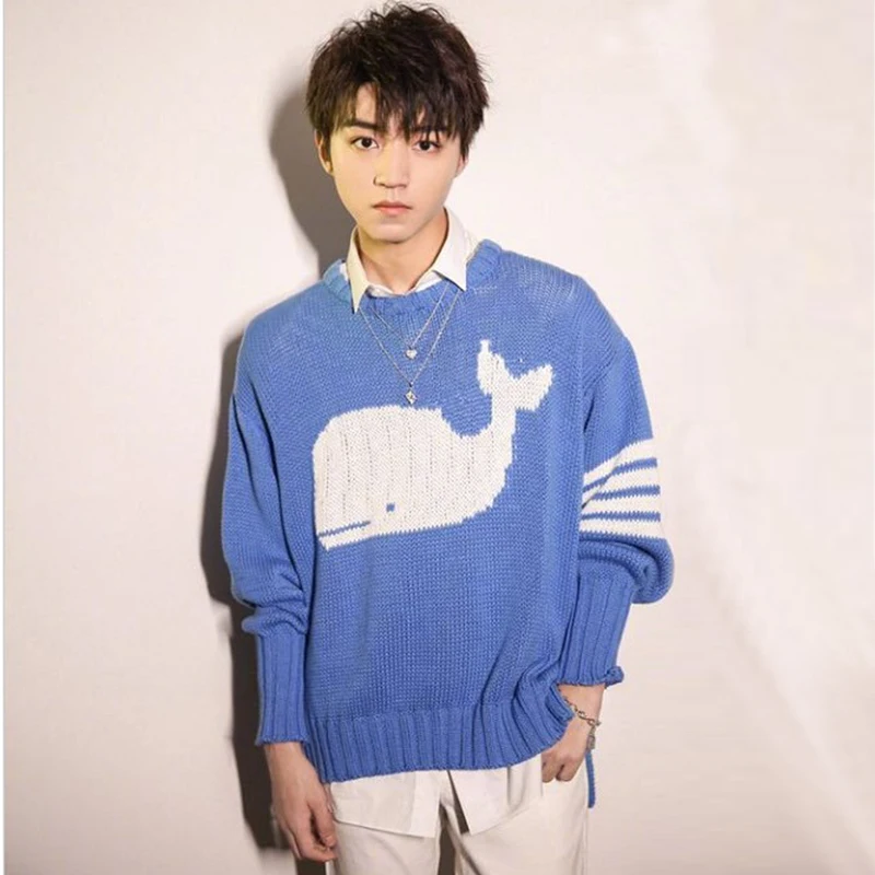 TFBOYS Wang Junkai стиль для женщин и мужчин кит дельфин синий свитера пуловеры для студентов зимний женский полувер одежда