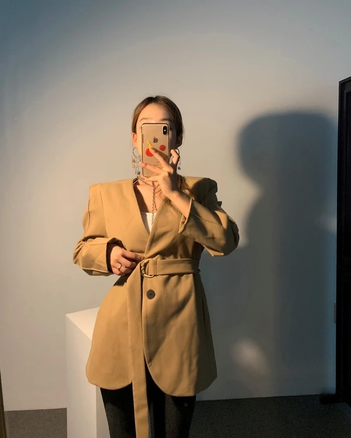 Korean Fashion Women Office Work Blazers Brown Black Solid Color Belted Slim Blazer Coat