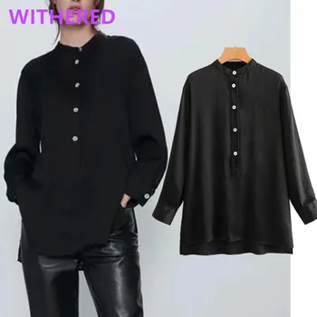 

Withered england vintage mandarin collar black loose blouse women blusas mujer de moda 2020 simple shirt womens tops and blouse