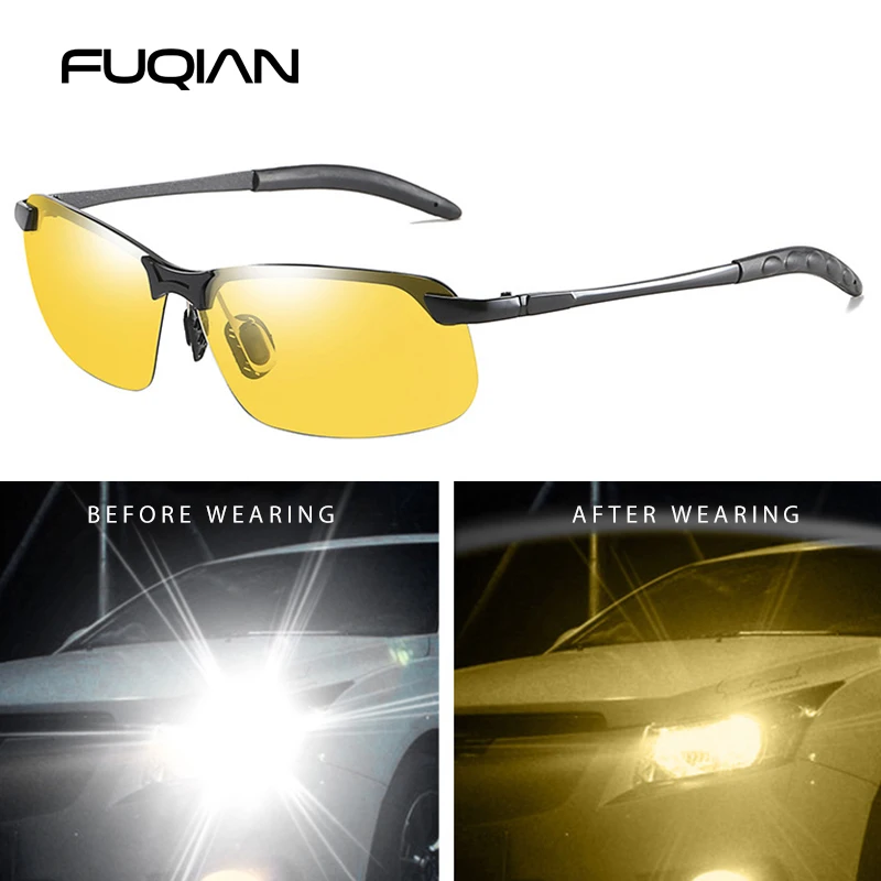FUQIAN, фотохромные солнцезащитные очки для мужчин, Ретро стиль, металл, поляризационные солнцезащитные очки для мужчин, меняющие цвет и ночное видение, солнцезащитные очки для вождения