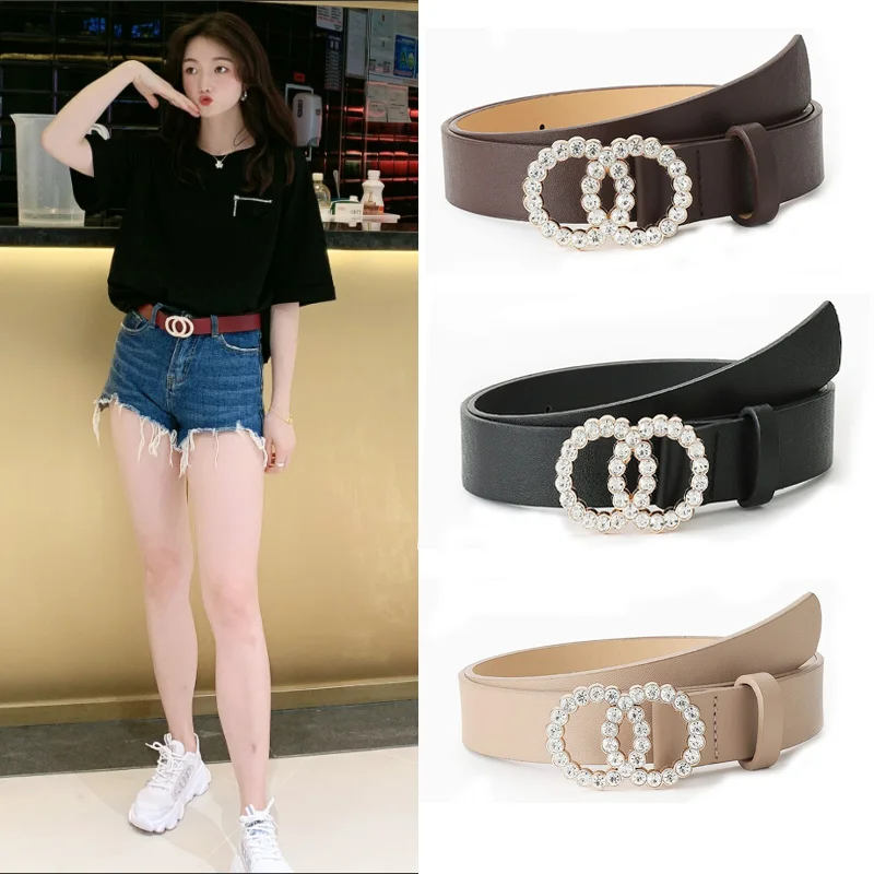 2021 Luxury Fashion New Women's Multicolor Belt Double Ring Inlaid With Crystal Metal Buckle High-End Accessories Waistband