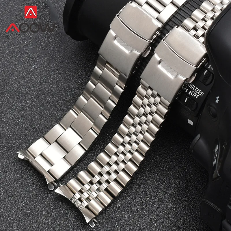 Men's Stainless Steel Curved End Watch Band with Folding Buckle, 20/22mm