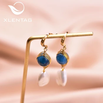 

XlentAg Statement Round Apatite Hook Earrings Stone Water Drop Baroque Pearl Pendant Women Wedding Gifts Luxury Jewelry GE0923C