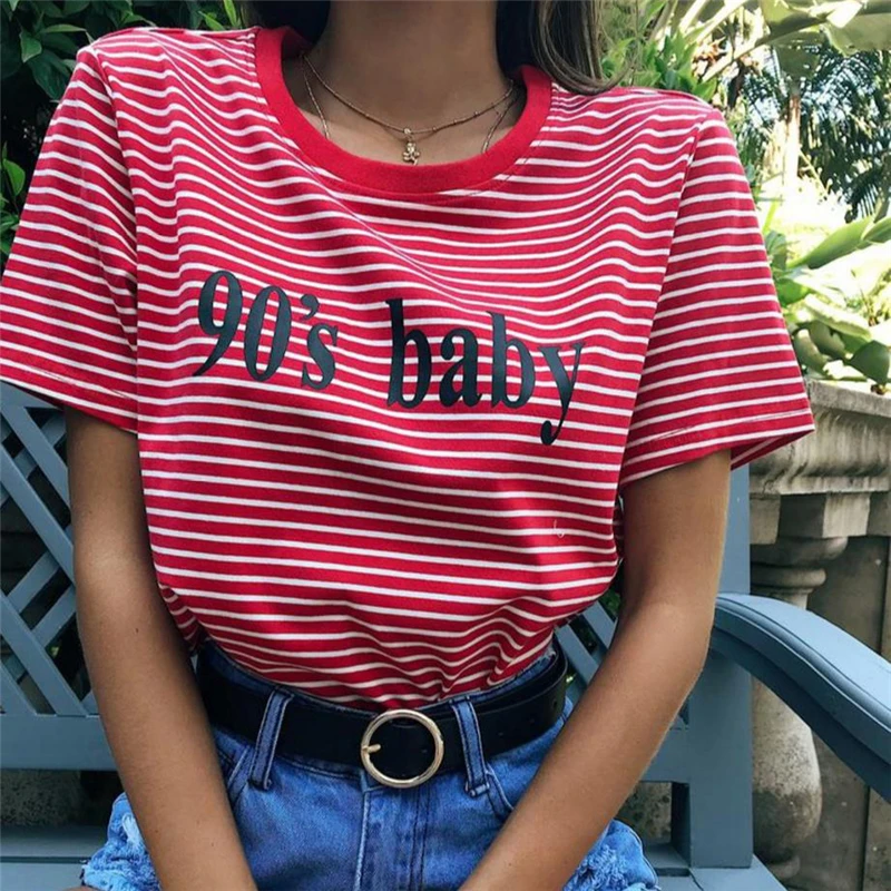 Bigsweety, Винтажная футболка в полоску, новая модная одежда для женщин, летние топы с буквенным принтом в стиле 90, Детская футболка с принтом, Harajuku, уличная одежда - Цвет: red striped