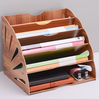 

Wooden Color Office Desk Organizer DIY Document File Cabinet Multifunction Desk Accessories Storage Magazine Book Desk Shelf