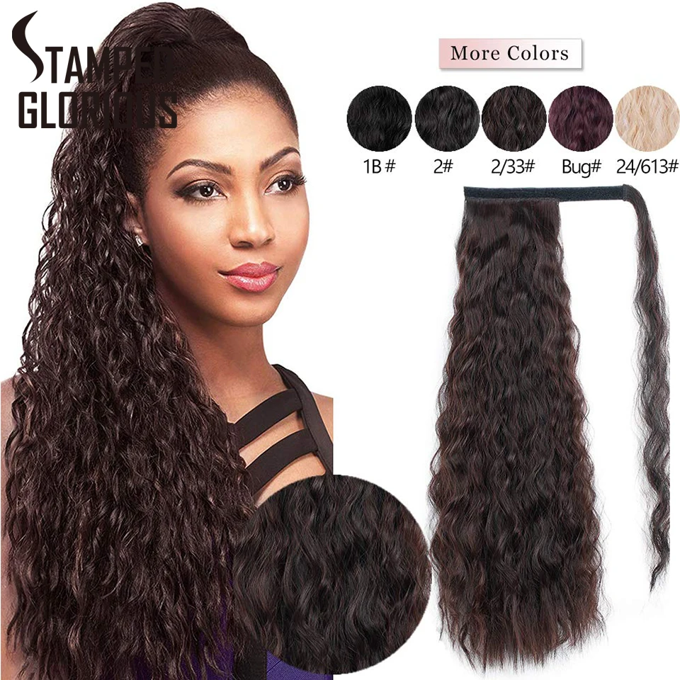 

STAMPED GLORIOUS Wavy Ponytail Extension for Women Synthetic Wrap Around Magic Paste Yaki Ponytail Corn Clip in Hairpiece Black