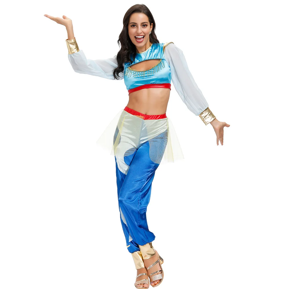 Jasmine Costume Helloween Party Princess Dress Fancy Clothing Set Top Pants Fascia Per Capelli Donne Adulte Aladdin The Magic Lamp Costume