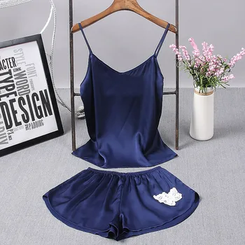 

2pcs Embroidery Flower Underwear Womens Sexy Satin Sleeveless Pajamas Sets Sleepwear Soft Silky Lingerie Sets Women Pajama Mujer