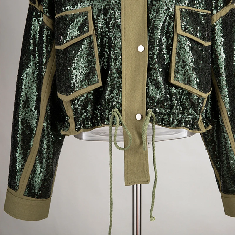 TWOTWINSTYLE Лоскутные женские пальто с блестками и шнуровкой, водолазка с длинным рукавом,, цветная куртка для женщин, модная одежда, новинка
