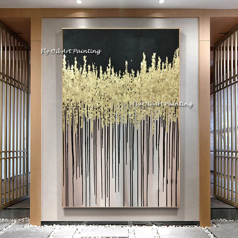 

Высококачественная окрашенная Золотая фольга абстрактная картина маслом, искусство черный коридор картина для декора гостиной