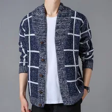 Фирменная Новинка Для мужчин свитер Вязание Для мужчин с длинным рукавом клетчатые пуловеры Slim Fit Куртка с v-образным воротником, с капюшоном, мужской кардиган, свитер, одежда