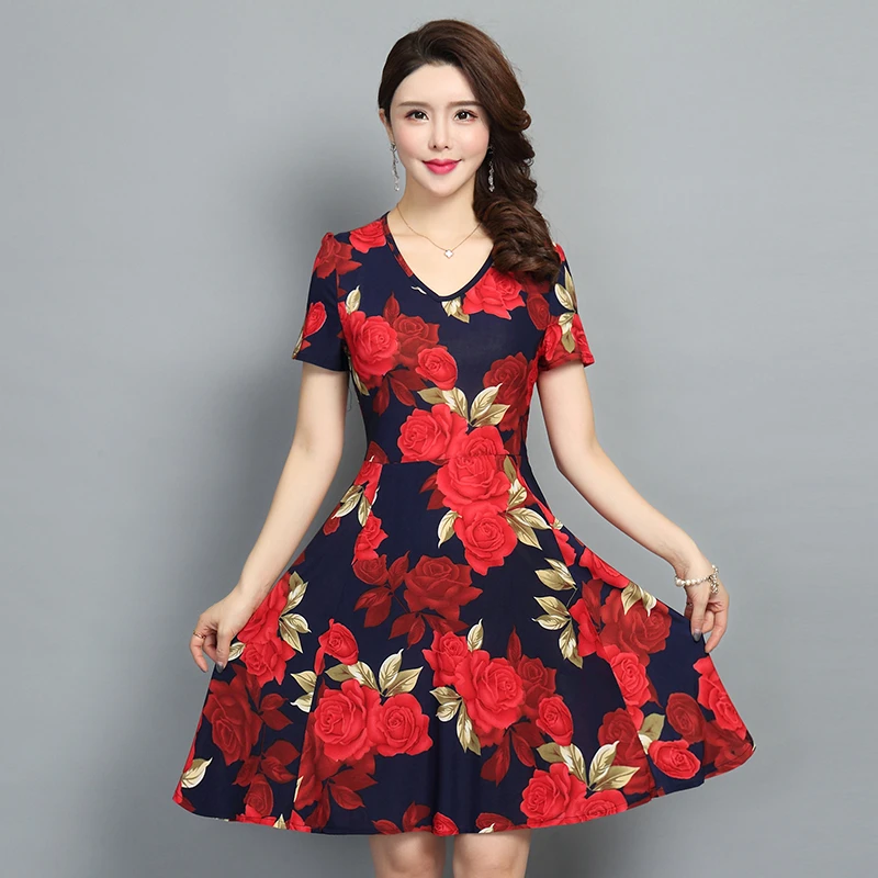 

2020 Women Style Sundress Elegant Retro Flowers Printed Summer Dresses V-neck Casual Short Sleeve Dress Vestidos De