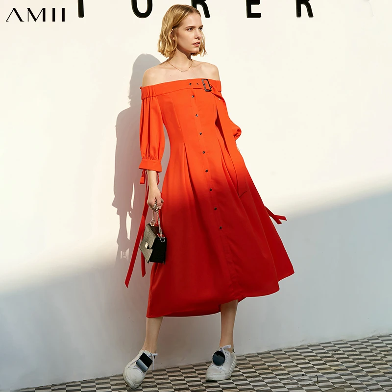 Amii Minimalism Summer Women's Dress Causal Solid Slash Neck Aline Calf