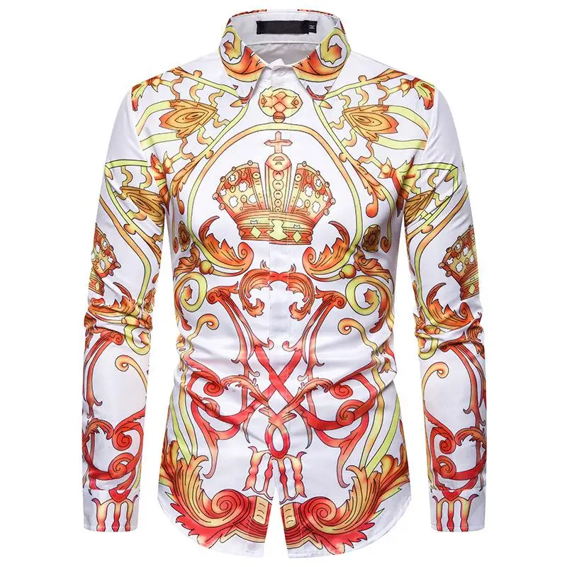 

Social Shirt for Men Leisure Crown stitching Retro Pattern print Long sleeved Shirt Casual Blouse Men New