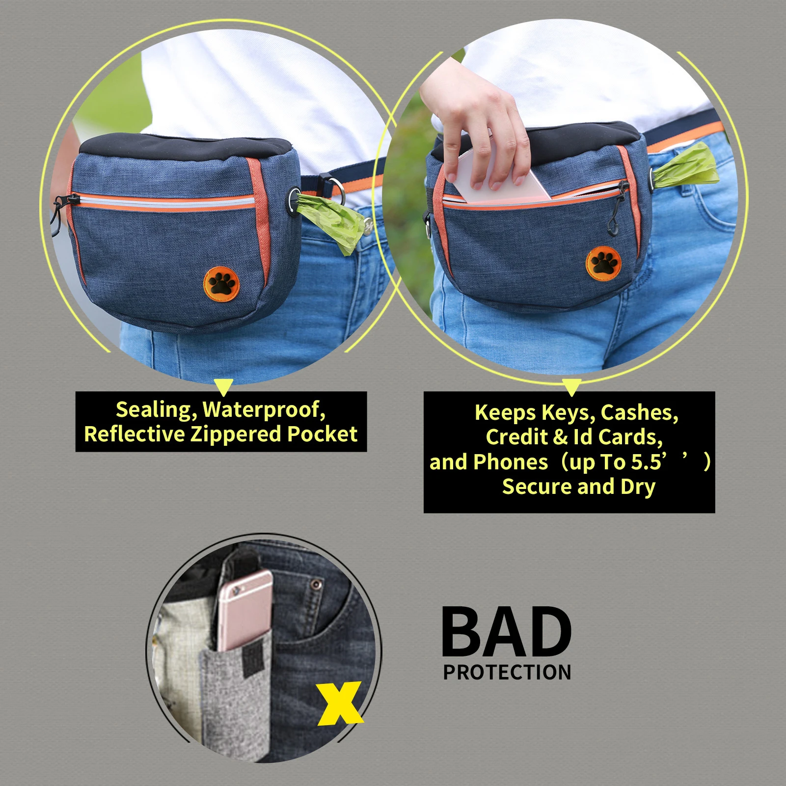 Waterproof Dog Treat Bag Outdoor Pet Training Pouch Snack Bag Waist Pocket Large Capacity Treat Bags With Pets Rope Waistband
