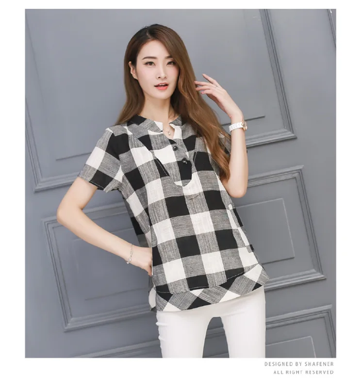 

Large Size Fat Mm WOMEN'S Shirt Literature And Art Summer Wear Fashion Loose-Fit Korean-style Mid-length Short Sleeve Plaid Shir