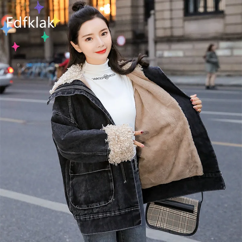 

Fdfklak Winter Korean Lamb Wool Coat With Zipper Denim Coat Imitation Lambswool Fashion Female Denim Jacket Women Veste Femme