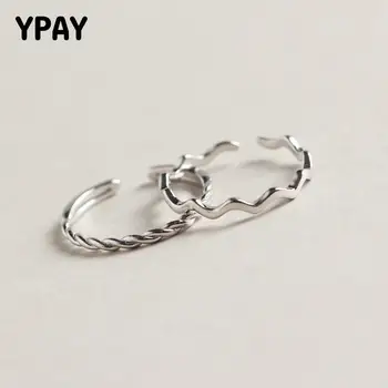 

YPAY Pure 100% 925 Sterling Silver Wave Open Rings For Women Personality Simple Style Lady Prevent Allergy Fine Jewelry YMR752