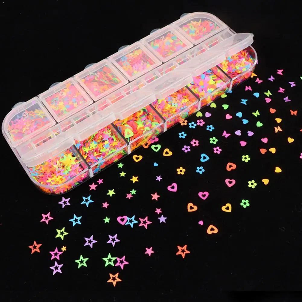 

30g/Box 12 Colors Nail Art Glitter Neon Star 3d Shape Glitters Nails Sequins Decoration Acrylic Nail Gel Flakes Mix Shining R7V2