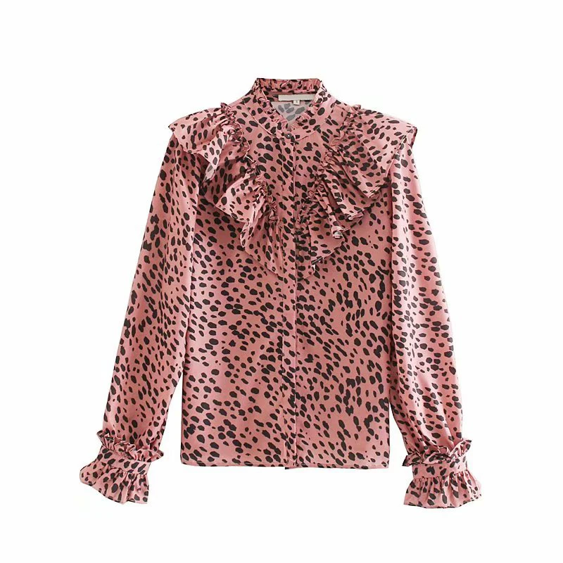 Винтажная блузка с животным принтом, женская рубашка с рюшами, стоячим воротником, длинным рукавом, уличная одежда, женские рубашки, сорочка femme OZZ9383