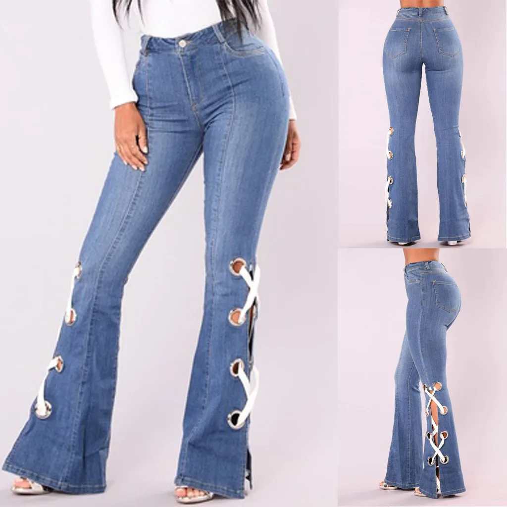 Женские джинсы модные с высокой талией кружевные джинсы для женщин в стиле бойфренд мама Кнопка шнурок длина брюки джинсы mujer S10
