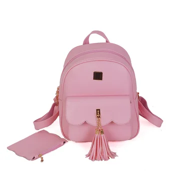 

Female tide shoulder bag female 2020 new PU tassel two-piece travel bag youth student bag outdoor backpack female Zipper