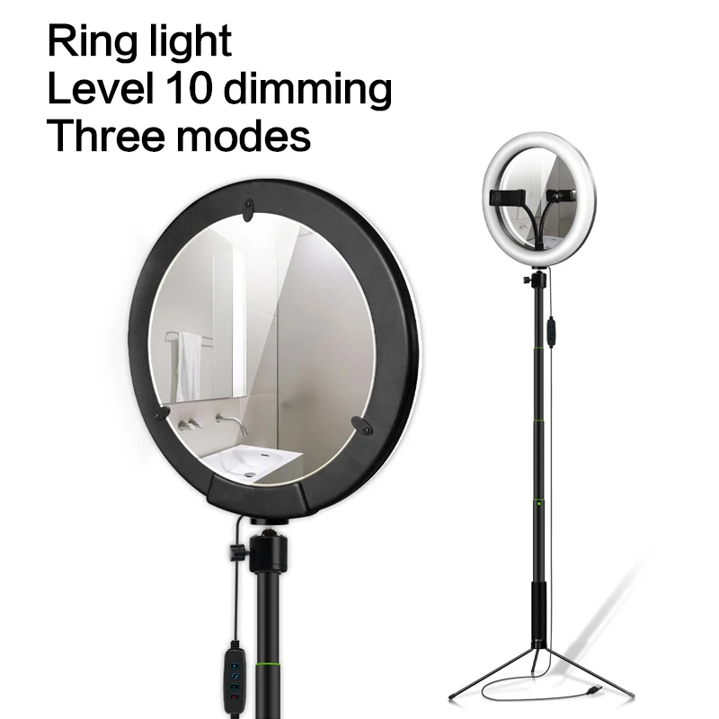 

Ring Light With Tripod Stand Phone Holder Kit 10 inch Ring Lamp USB Interface For Makeup Live Stream YouTube Video With Mirror